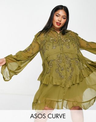 ASOS DESIGN Curve embelllished chiffon mini dress with stencil floral beading in olive