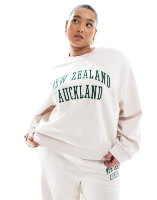ASOS Curve ASOS DESIGN Curve embroidered Auckland graphic sweat in oatmeal marl-Brown