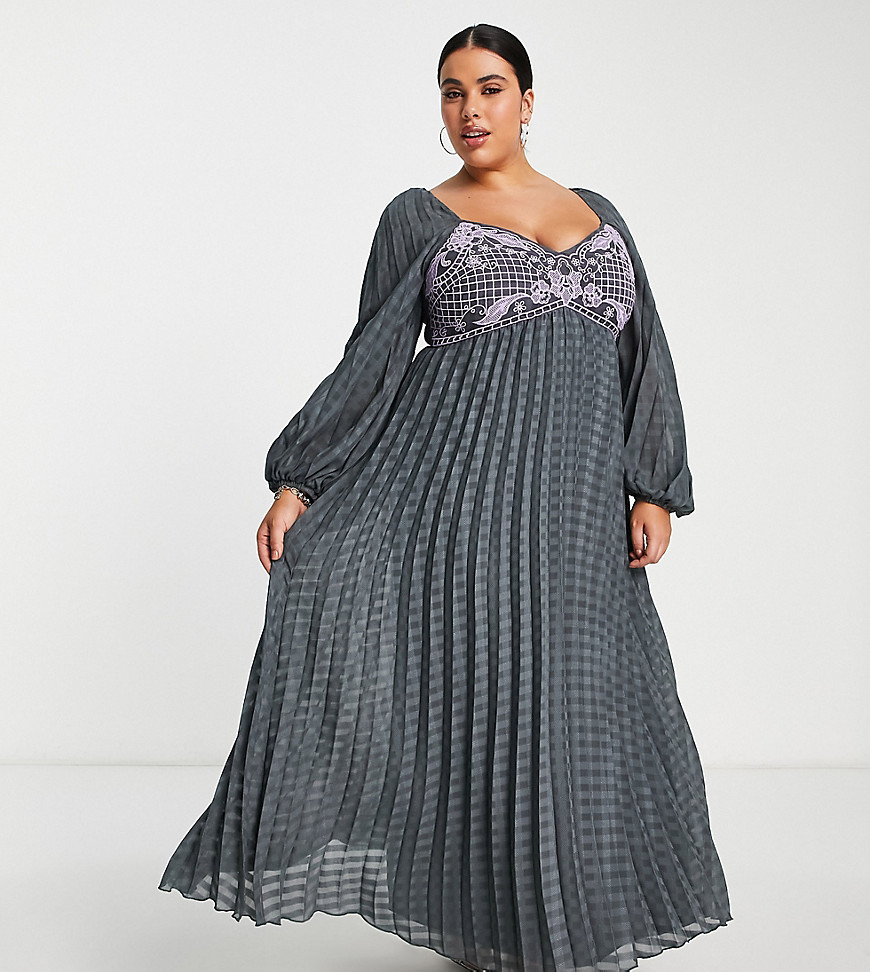 Asos Curve Asos Design Curve Embroidered Bust Pleated Midi Dress With Long Sleeve In Dark Gray