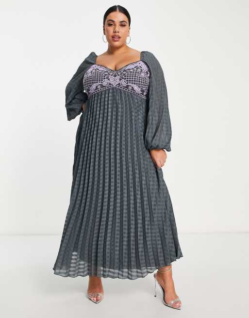 ASOS DESIGN Curve embroidered bust pleated midi dress with long sleeve in dark grey, 4 of 4