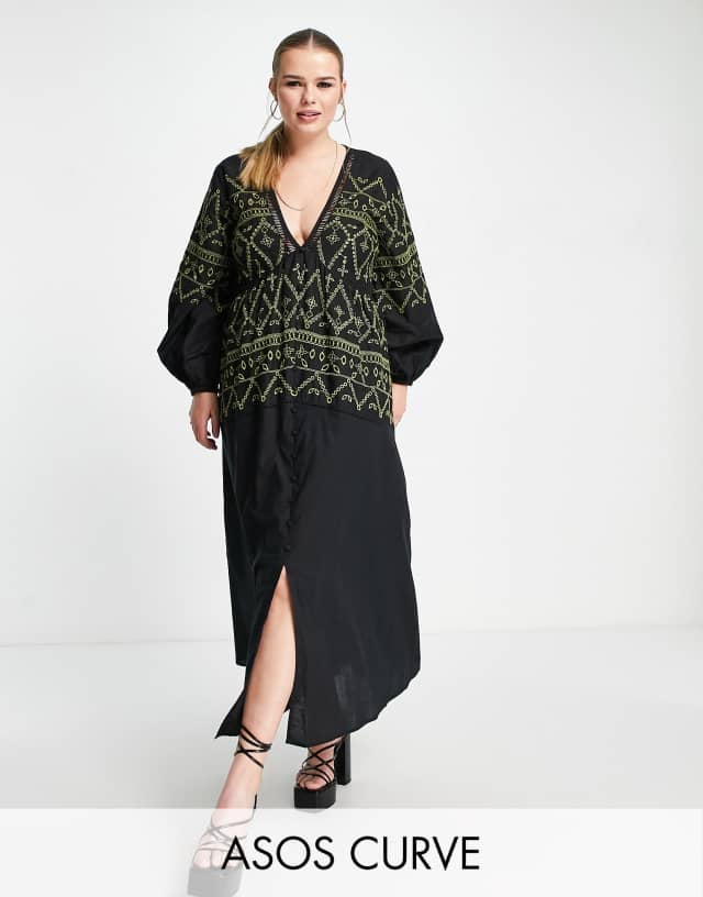 ASOS DESIGN Curve embroidered button through maxi dress in black