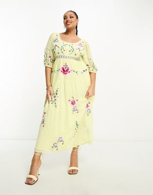 ASOS DESIGN Curve embroidered dobby scoop neck midi dress with crochet trims in lemon