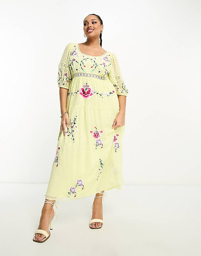 ASOS Curve - ASOS DESIGN Curve embroidered dobby scoop neck midi dress with crochet trims in lemon