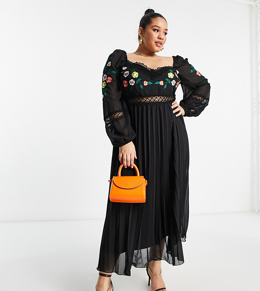 ASOS DESIGN Curve embroidered lace insert pleated midi dress with long sleeves in black