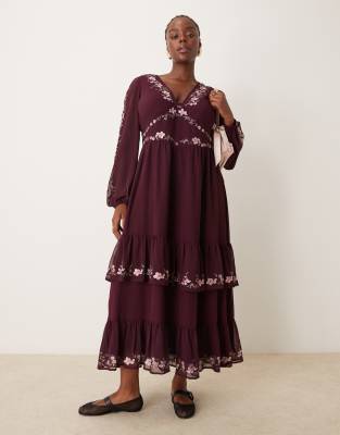 ASOS DESIGN Curve embroidered long sleeve plunge tiered maxi dress in burgundy-Multi