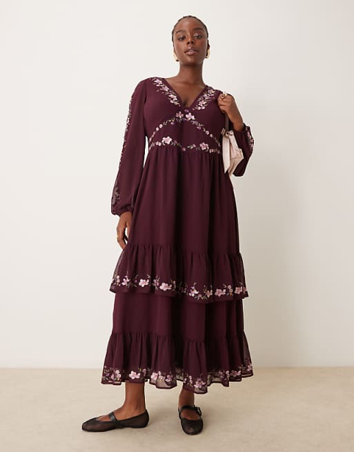 long sleeve burgundy maxi dress ASOS DESIGN ribbed flare tie neck in out adds bold allure Miss Circle Women Udaya Burgundy