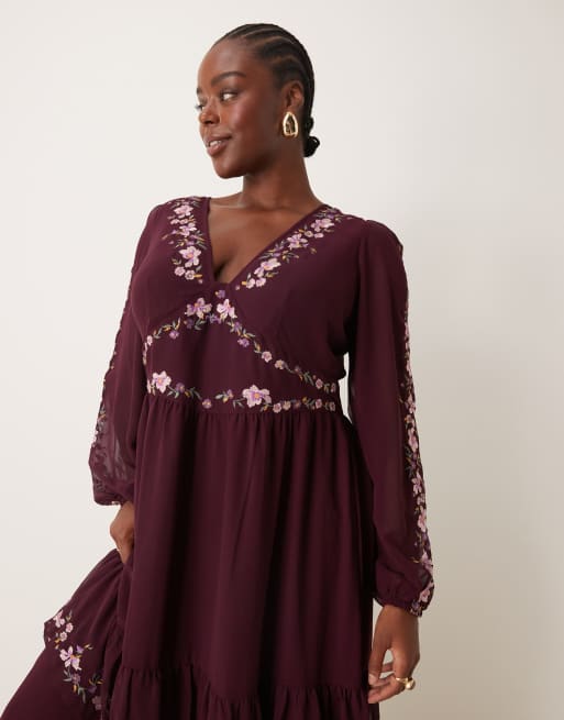 Multi long sleeve plunge mirror embroidered dress best sale