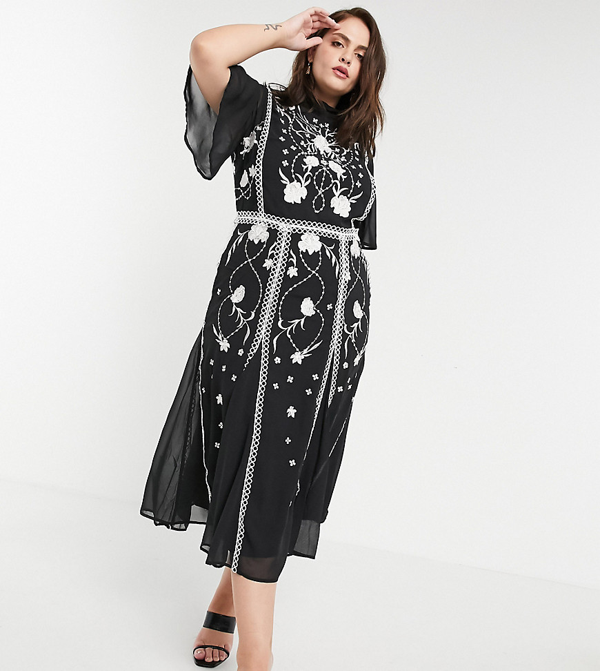Asos Design Curve Embroidered Midi Dress With Godets And Circle Trim-multi