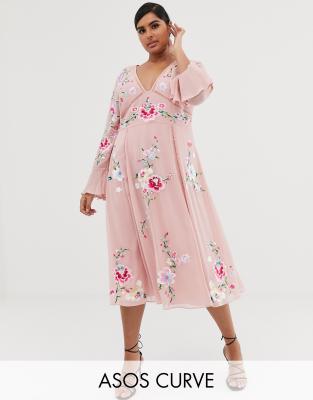 asos design embroidered midi dress with lace trims