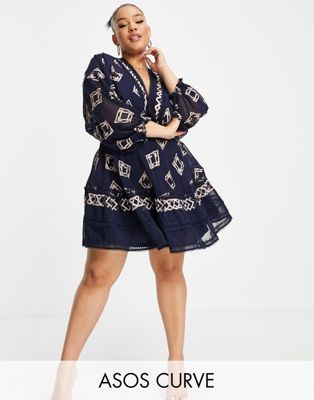 ASOS DESIGN Curve embroidered mini dress with blouson sleeve