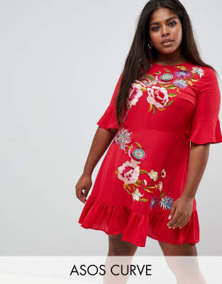 asos red embroidered dress