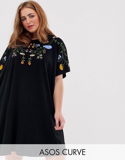 ASOS DESIGN Curve embroidered oversized t-shirt dress