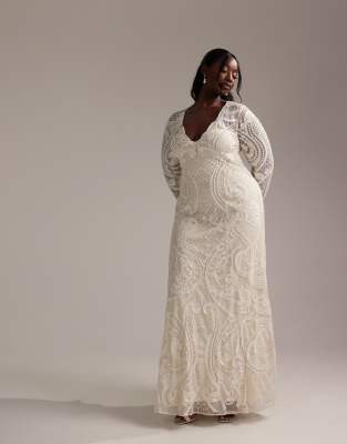 asos design curve embroidered plunge long sleeve maxi wedding dress in ivory