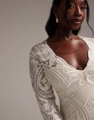 Asos Curve Asos Design Curve Embroidered Plunge Long Sleeve Maxi Wedding Dress