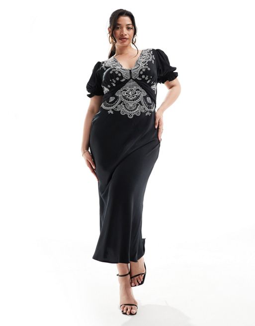 FhyzicsShops DESIGN Curve embroidered satin midi tea dress in black