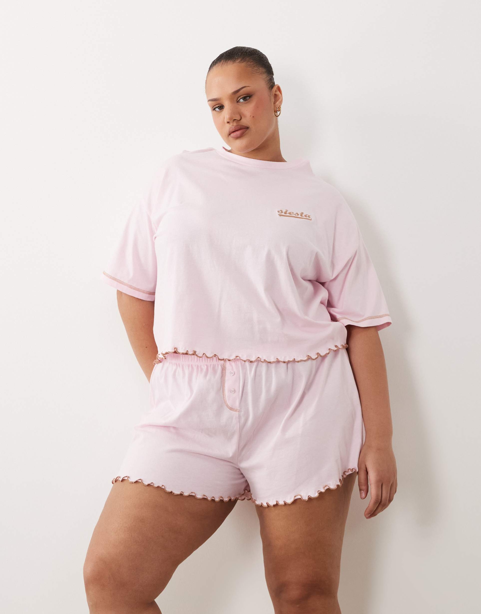asos design curve embroidered siesta slogan short sleeve tee and shorts pajama set with lettuce edge in pink