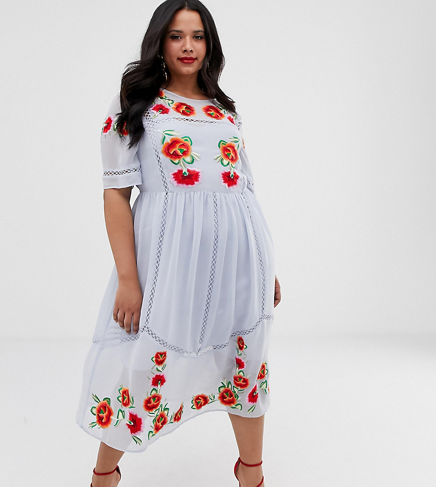 ASOS DESIGN Curve embroidered smock midi dress with ladder trims-Multi