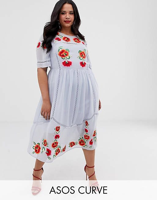 ASOS DESIGN Curve embroidered smock midi dress with ladder trims