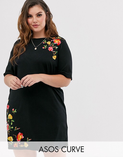 ASOS DESIGN Curve embroidered t-shirt mini dress