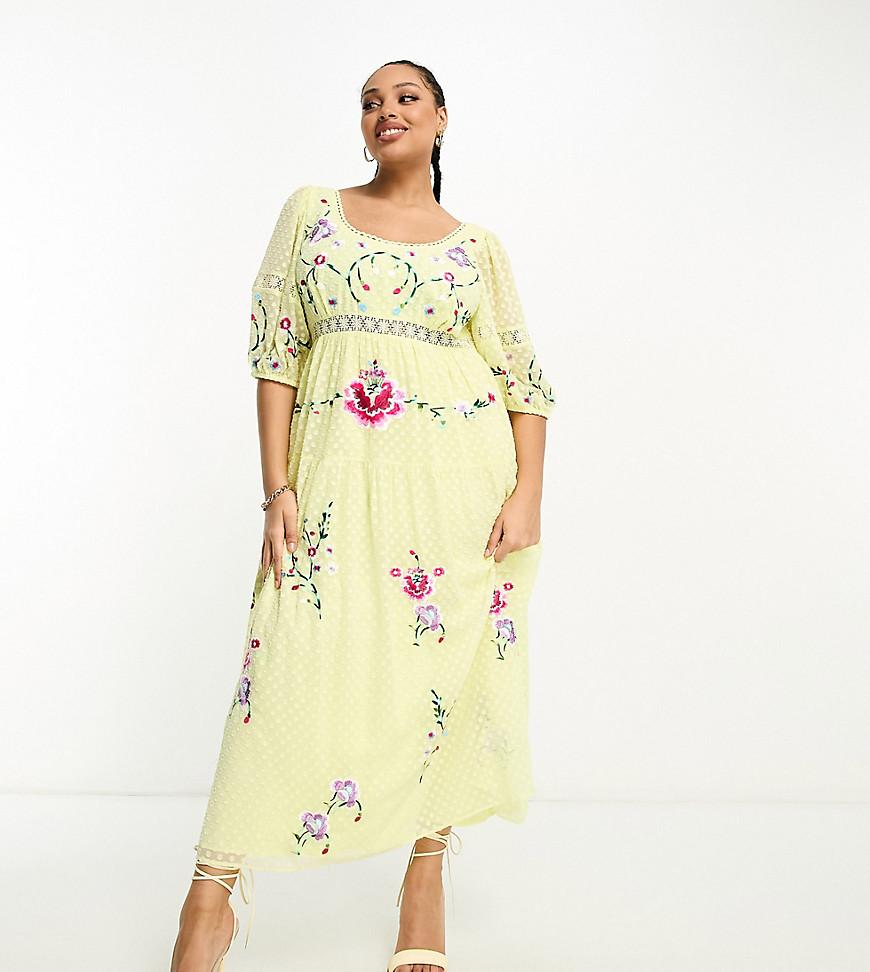 ASOS Curve ASOS DESIGN Curve embroidered textured scoop neck midi dress with crochet trims in lemon-Yellow