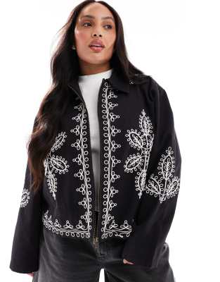 Asos Curve Asos Design Curve Embroidered Top Collar Jacket In Black