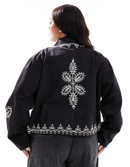 ASOS DESIGN Curve embroidered top collar jacket in black | ASOS ASOS DESIGN Curve embroidered top collar jacket in black | ASOS
