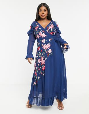 asos design premium broderie maxi dress with pep hem and fluted sleeves