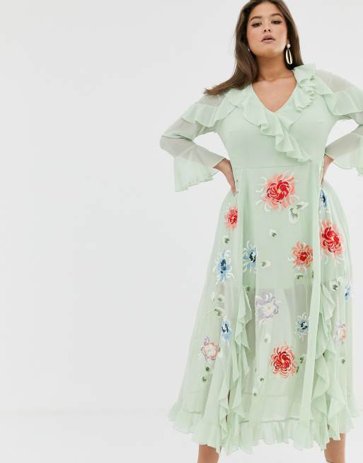 Asos design embroidered 2025 wrap maxi dress