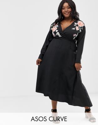 asos design long sleeve embroidered midi dress