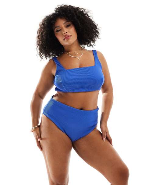 ASOS DESIGN Curve – Emily – Koboltblå, ribbad bikini - view 1