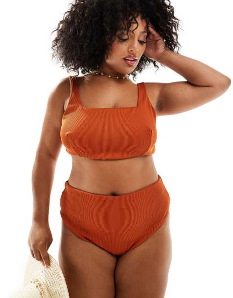 ASOS DESIGN Curve – Emily – Prążkowany wysoko wycięty dół od bikini z podwyższonym stanem w rdzawym kolorze - view 1