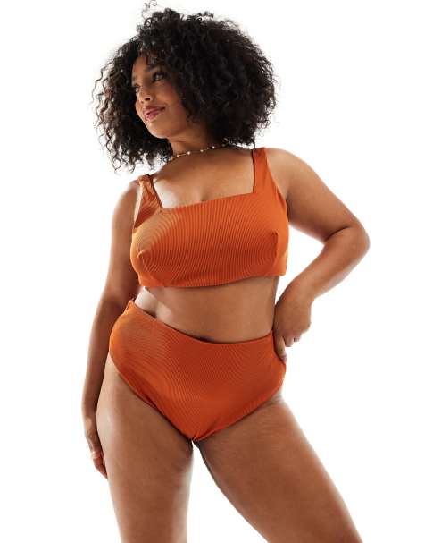 ASOS DESIGN Curve – Emily – Rdzawoczerwone prążkowane bikini - view 1