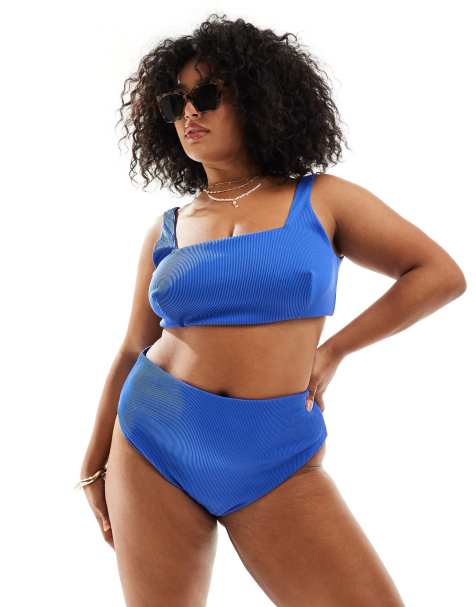 ASOS DESIGN Curve Emily rib crop bikini top in cobalt - view 1