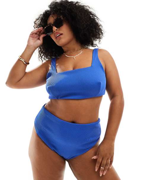 ASOS DESIGN Curve Emily rib high leg high waist bikini bottom in cobalt - view 1