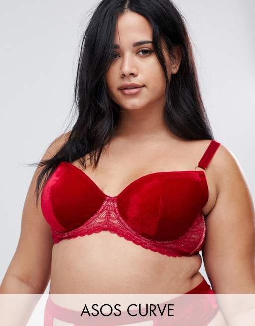 ASOS DESIGN Curve Emma velvet & lace padded plunge underwire bra and thong, 2 of 3