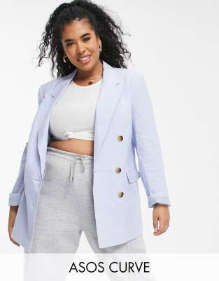 ASOS DESIGN Curve - Enkel, dobbeltradet habit-blazer i blå hør