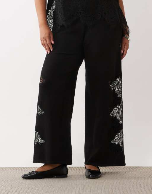 ASOS DESIGN Curve ensemble 2 pièces en maille compacte avec finition dentelle noir, 2 de 5