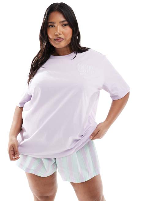ASOS DESIGN Curve - Ensemble avec short rayé style caleçon et t-shirt oversize - Lilas