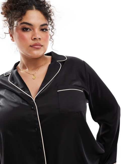 ASOS DESIGN Curve - Ensemble de pyjama chemise manches longues et pantalon en satin - Noir, 4 de 4