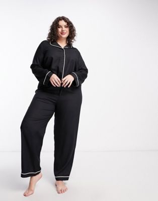ASOS DESIGN Curve modal shirt & trouser pyjama set with contrast piping in black - ASOS Price Checker