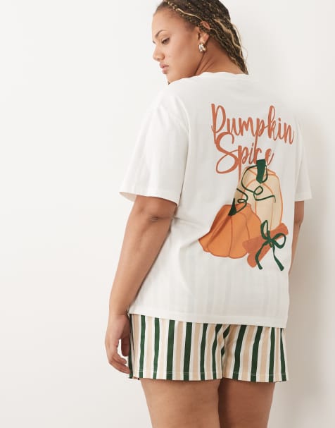 ASOS DESIGN Curve - Ensemble de pyjama oversize avec t-shirt et short imprimés à citrouille et épices - view 1