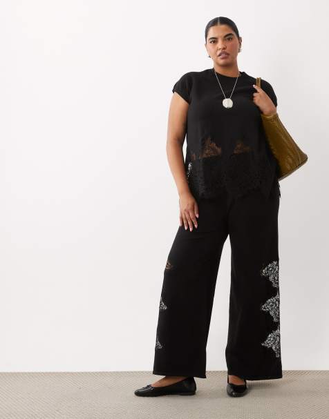 ASOS DESIGN Curve - Ensemble en maille compacte avec pantalon et débardeur à finitions en dentelle - Noir - view 1