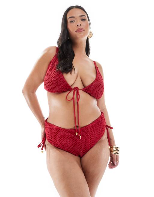ASOS DESIGN Curve - Este - Røde og højtaljede bikinitrusser med hæklet look og vedhæng, 4 af 4