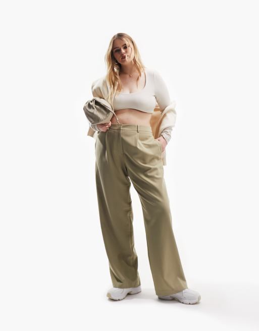 ASOS DESIGN Curve – Everyday – Oliwkowe luźne spodnie typu boy z efektem sprania