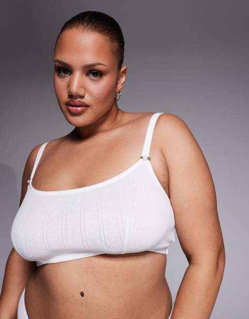 ASOS DESIGN Curve Evie pointelle bralette with rosebud trim in white, 2 of 4