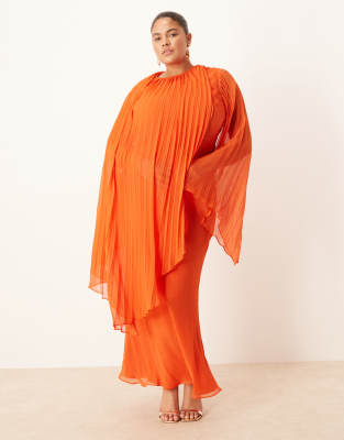 Asos Curve Asos Design Curve Exaggerated Pleated Sleeve Bias Maxi Dress In Orange