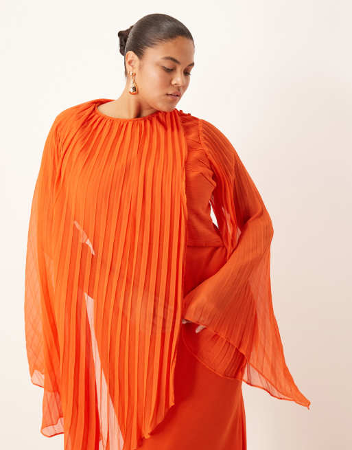 ASOS DESIGN Curve exaggerated pleated sleeve bias maxi dress in orange, 2 of 4