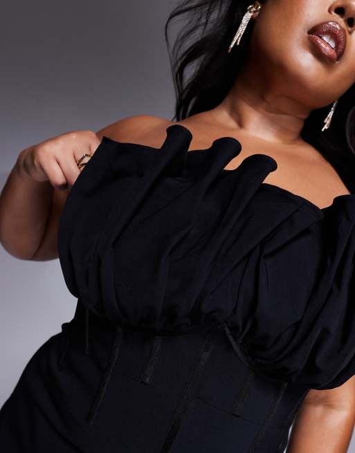 ASOS DESIGN Curve exaggerated ruffle bandeau corset midi dress in black