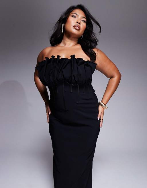ASOS DESIGN Curve exaggerated ruffle bandeau corset midi dress in black