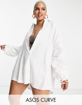 ASOS DESIGN Curve exaggerated sleeve beach shirt in white